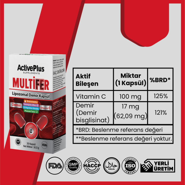 Multifer Lipozomal Demir Kapsül | Lipozomal Demir Bisglisinat & Vitamin C