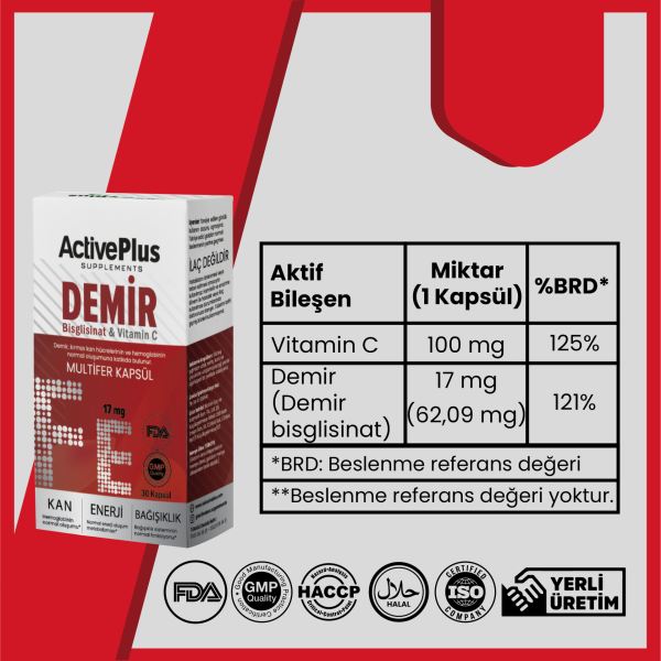 Demir Bisglisinat & Vitamin C Multifer 30 Kapsül