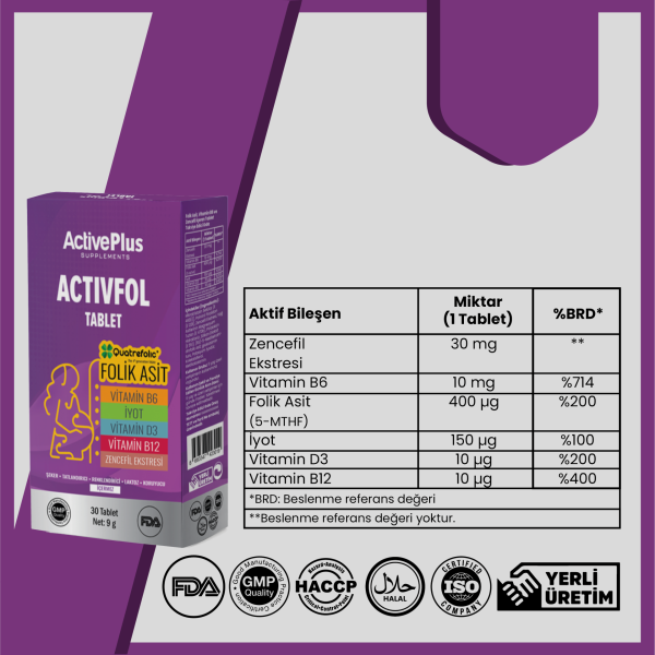 Activefol Tablet - Folik Asit & Zencefil & B12 & D3 & B6 & İyot